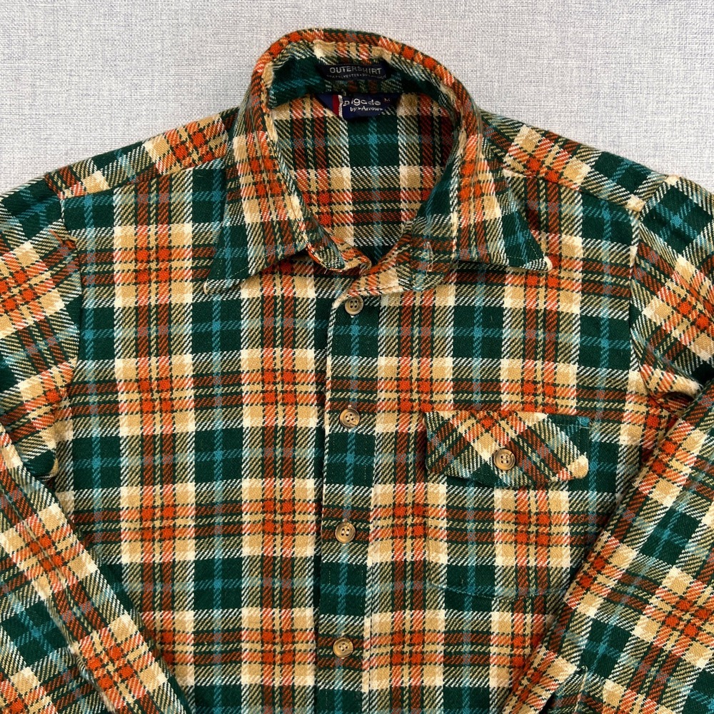VTG 90s Brigade by Arrow Plaid Heavy Flannel Overshirt Men‎ Medium Green Orange